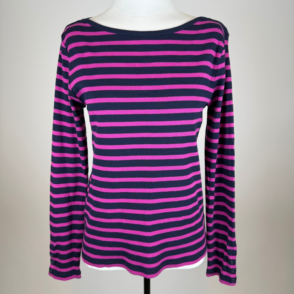 Striped Long-Sleeve Boatneck Top - Pink & Navy